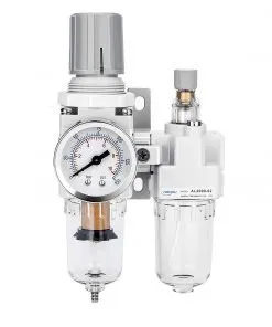 NANPU AC2010-02 1/4" NPT Compressed Air Filter Regulator Lubricator Combo Water/Oil Trap Separator - Gauge(0-150 psi), Poly Bowl, Semi-Auto Drain, Bracket - 3 in 1 Two Unit